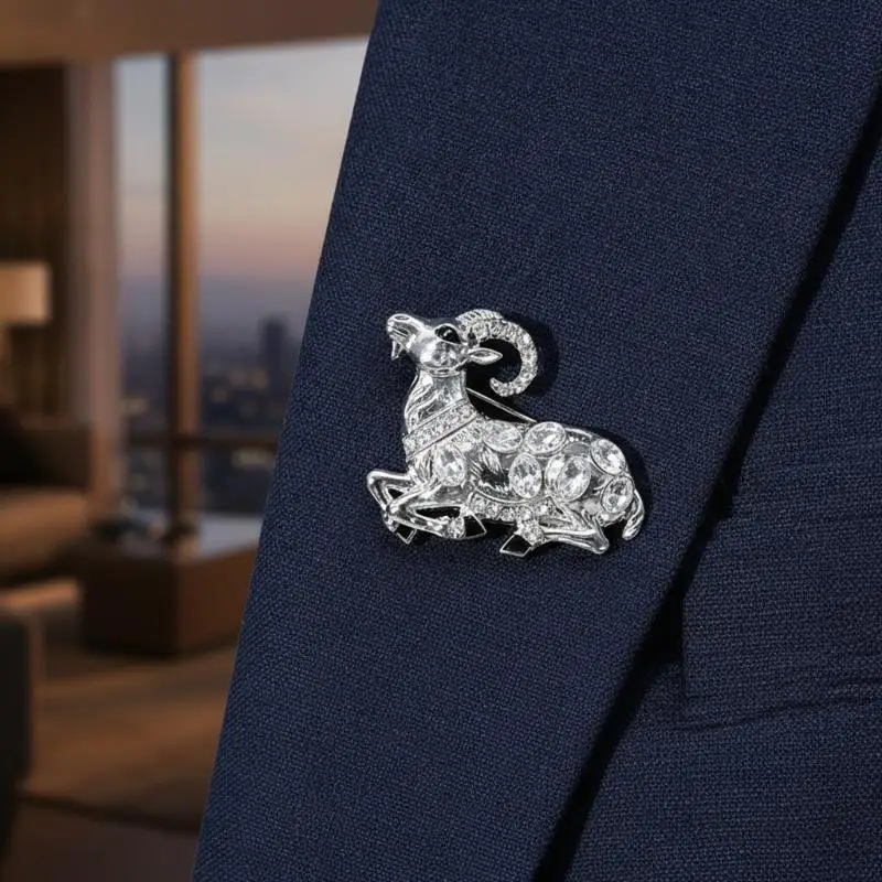 Shiny Rhinestone Goat Brooch Unisex Exquisite Sheep Themed Jewelry Fashion Accessory for Women Men Wedding Banquet Wear