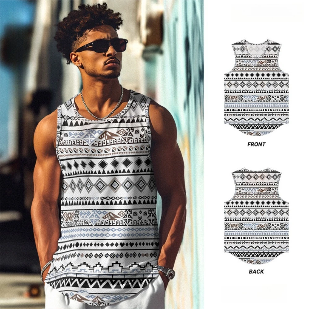 

Men Vests Trendy Geometric Boho Printed Tribal Breathable Beach Essential Loose Fit Tank Top Activewear Sports Oversize Clothing