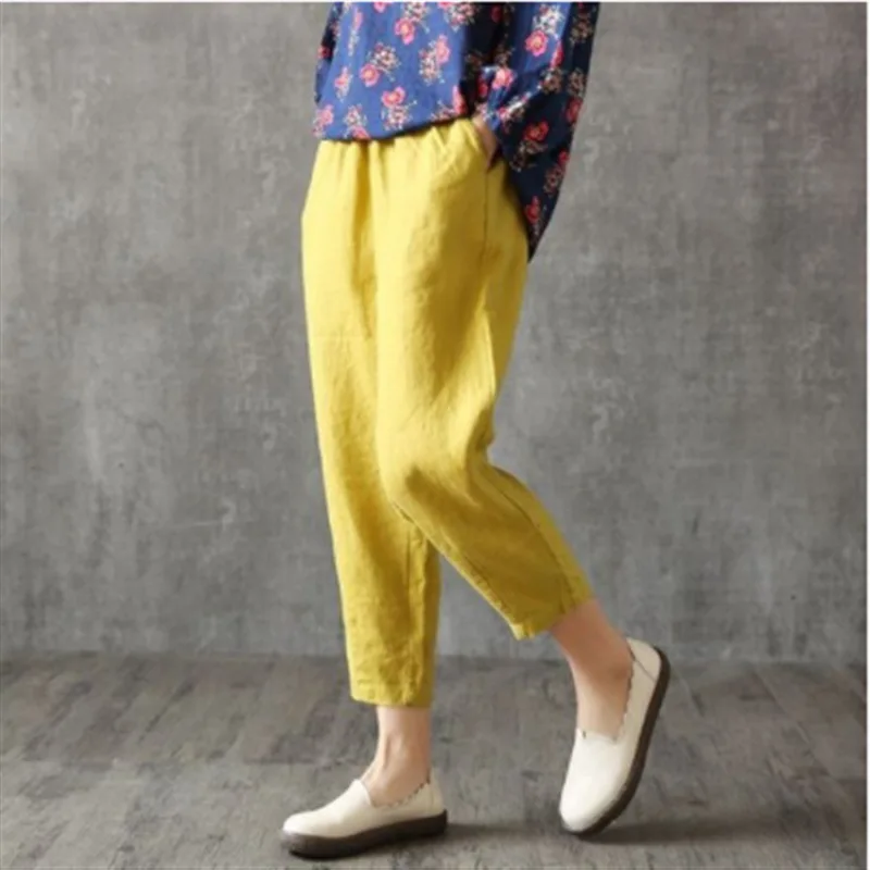 

Cotton and Linen Harem Trousers for Women Elastic Waist Pant with Casual Hippie Loos Simple Daily Pants Super Comfy Autumn Cloth