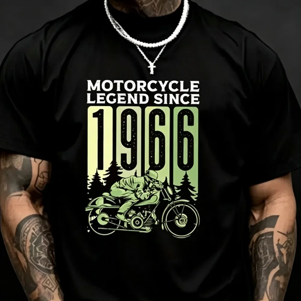 2026 New Hot Sale Men Vintage Rider Graphic Tee Motorcycle Legend Since 1966 Letter Print Short Sleeve Casual Tops