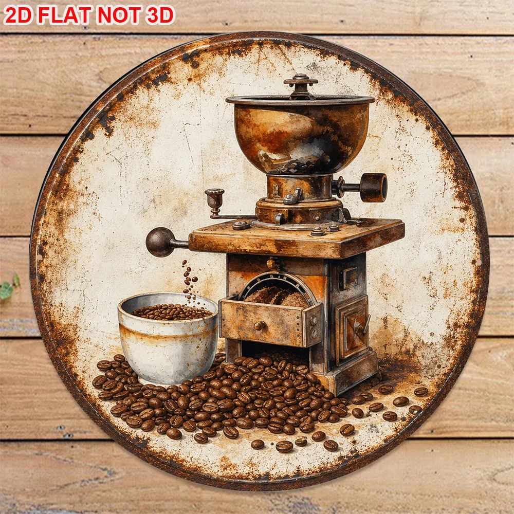2D Flat, 1pc 8x8in/20x20cm 2D Flat Round Sign, Vintage Plaque Featuring a Grinder and Beans, Cafe Bar Counter Decorative Sign, S