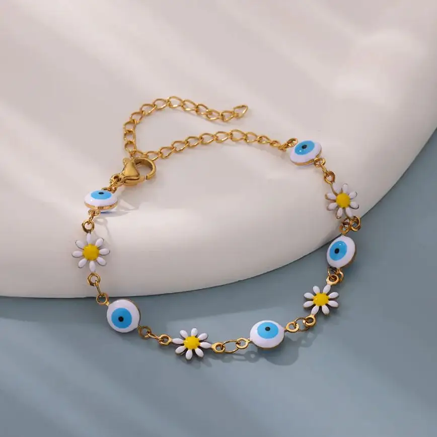 Fashion Bule Evil Eye Daisy Bracelets For Women Gold Color Stainless Steel Bracelet Daisy Eye Bracelet Christmas Wedding Jewelry