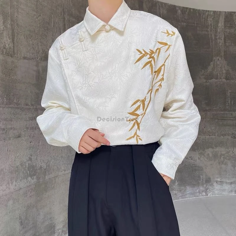 

2024 elegant chinese style jacquard embroidery men shirt bamboo element fashion design sense top vintage diagonal buckle shirt