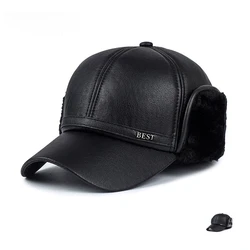 Mens Winter Hat Leather Baseball Caps Bomber Hats Men Snapback Hat Father Fishing Casquette with Earflaps Thicken Fur Warm Caps