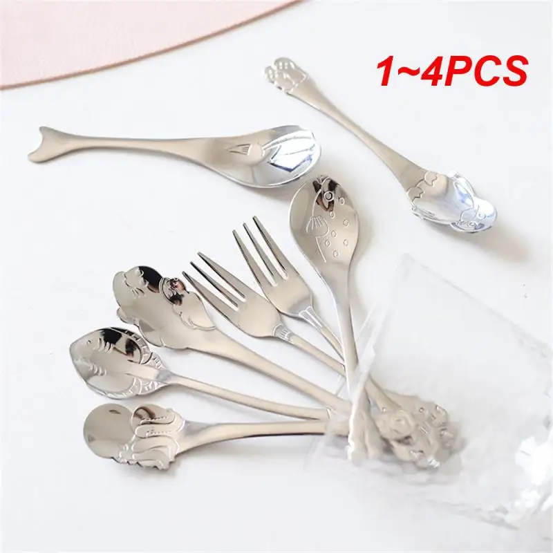 1~4PCS Coffee Spoon Beautiful Mirror Light Cartoon Creative Kitchen Products Children Spoon Nordic Style Ocean Series Spoon Fork