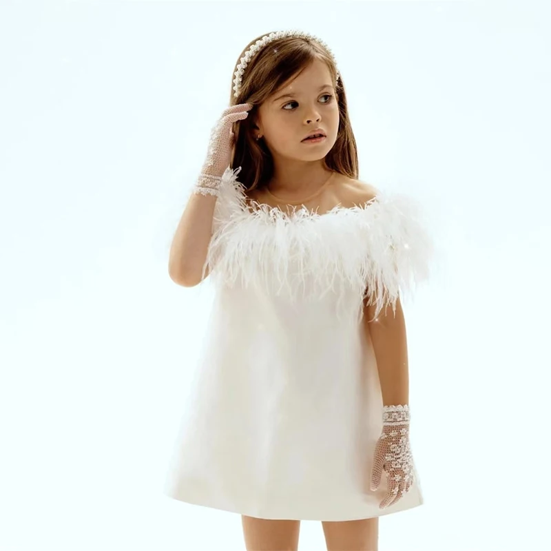 

Детские атласные платья принцессы с перьями для девочек с цветочным узором, платья для первого причастия, подарок на день рождения, Рождество, свадьба, день рождения