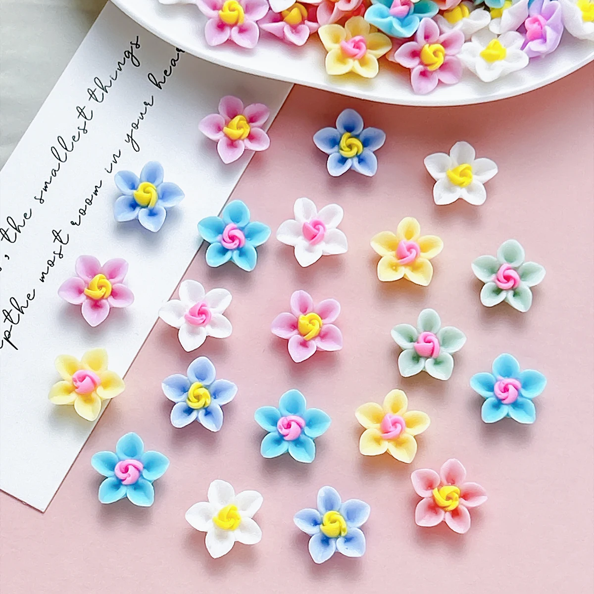 50PCS Creative Luminous Simulated Flowers Nail Art Accessories 3D Sweet Colorful Five-petal Flowers Mixed Resin Nail Charms DIY