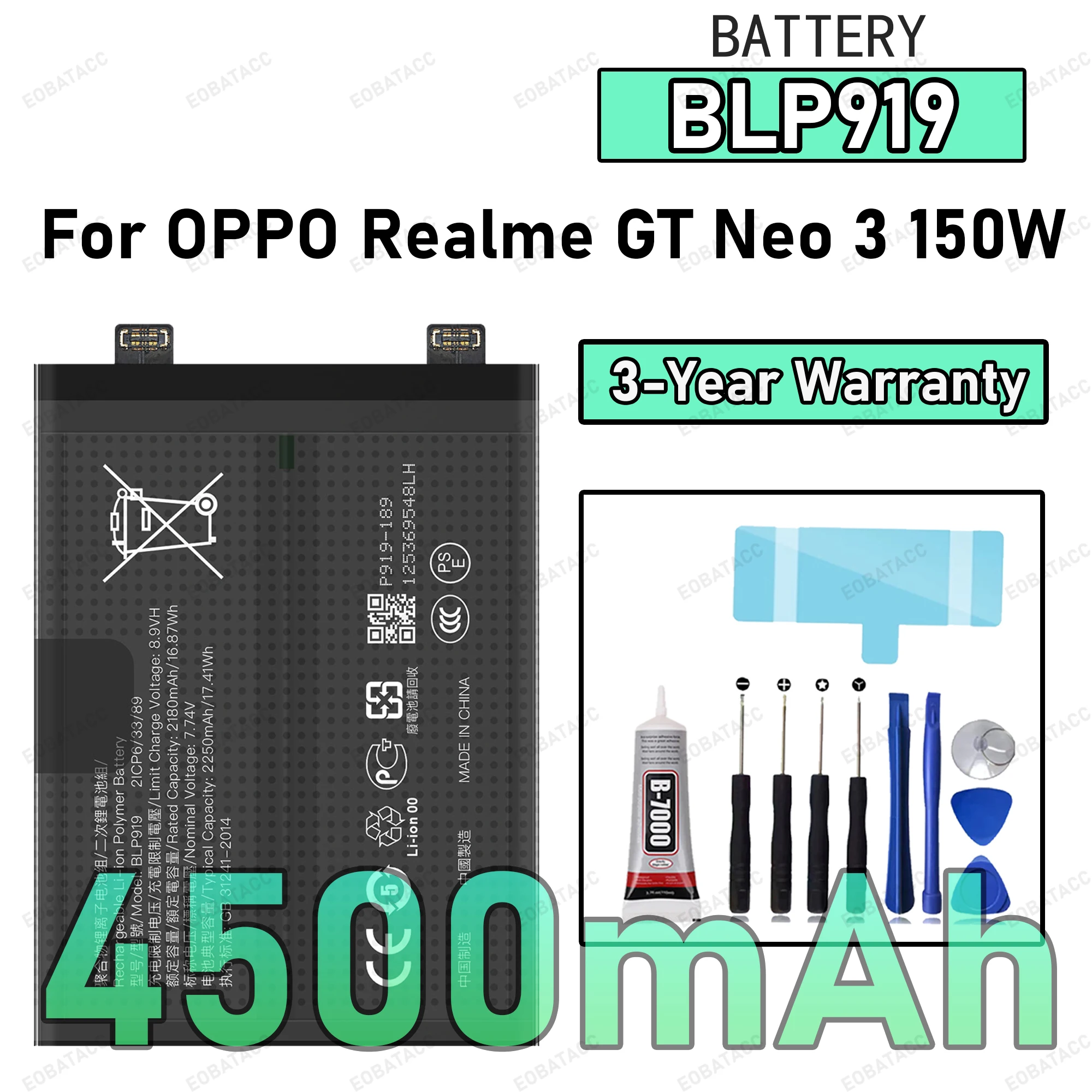 

4500mAh BLP919 Battery For OPPO Realme GT Neo 3 150W Replacement Bateria+Free Tools
