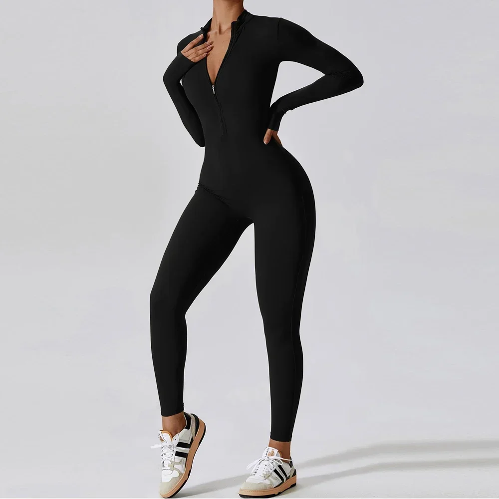 Autunno Inverno Manica lunga Cerniera Yoga Danza Tuta intera per il corpo Donna One Piece Abbigliamento da allenamento per palestra Fitness Tuta sportiva Nero