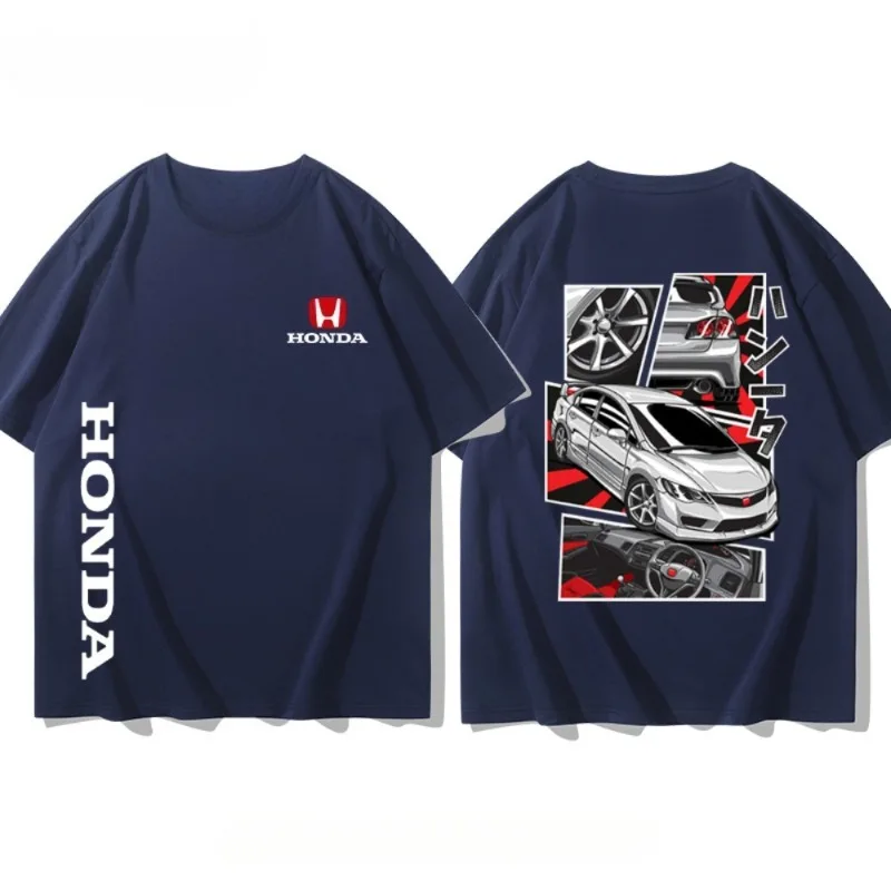 هوندا سيفيك الصيف الساخن موضة جديدة تي شيرت سباق تي شيرت رجالي ريترو دراجة نارية سلسلة مطبوعة فضفاضة قصيرة الأكمام وزرة