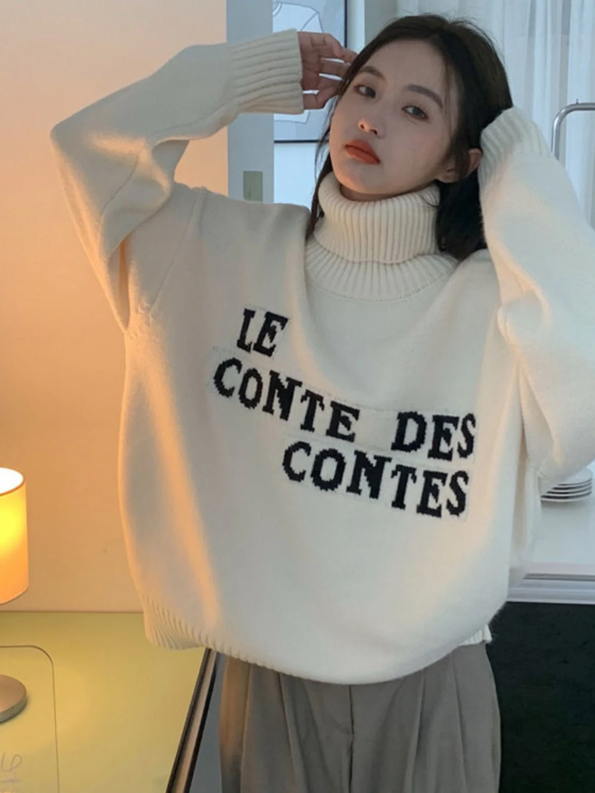 

2023, женский свитер с высоким воротником, зимняя новая корейская версия, с буквенным принтом, свободный, универсальный, Lazy Base irt