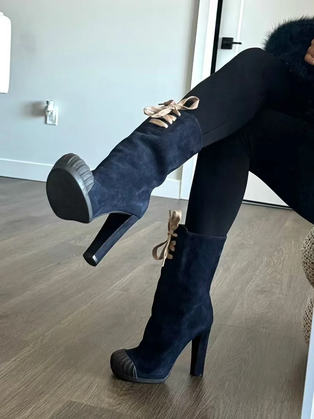 

Navy Corduroy Chunky Block Heel Mid-Calf Boots Contrast Rubber Toe Cap Lace-Up Detail Casual Design Boots for Everyday Looks