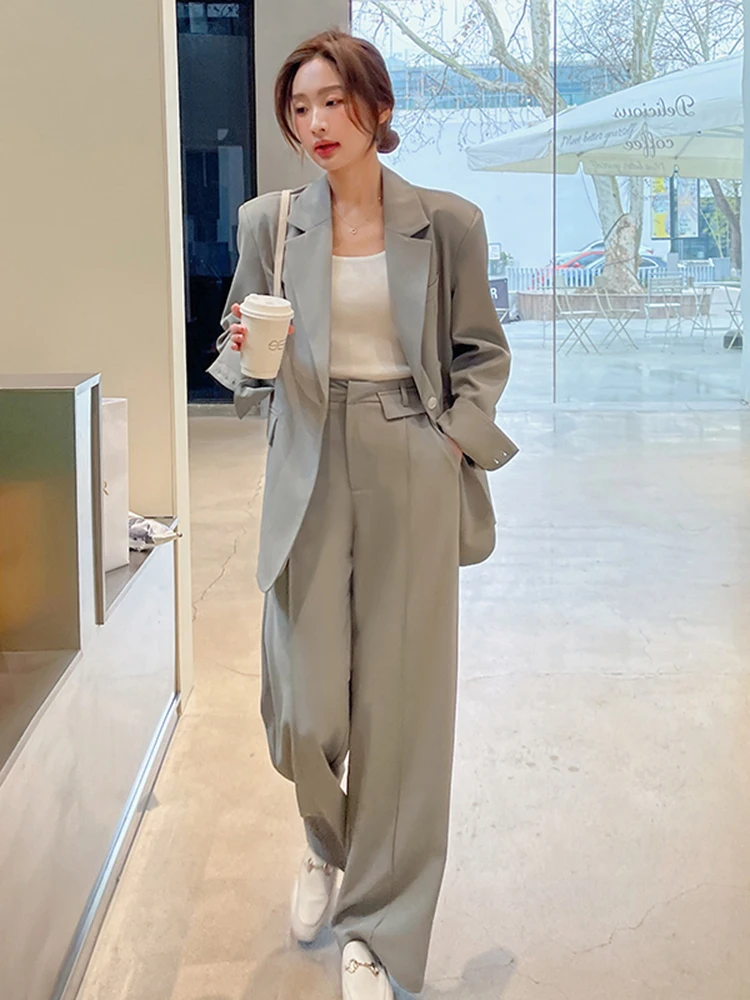 LANMRE Casual Two-piece Set Women Notched Single Button Back Split Blazer With Loose Pants Versatile 2024 Fashion New M2Z1453