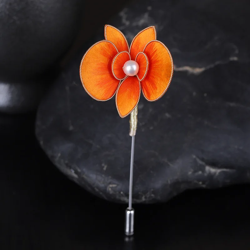Chinese Traditional Intangible Cultural Heritage Handmade Orange Phalaenopsis Velvet Flower Brooch Hanfu Mamianqun Accessory Del