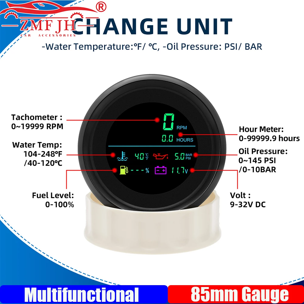 

ZMFJH 6IN1 цифровой датчик 85 мм 19999 об/мин тахометр + датчик уровня топлива + давление масла + температура воды + напряжение + счетчик воды водонепроницаемый автомобиль лодка