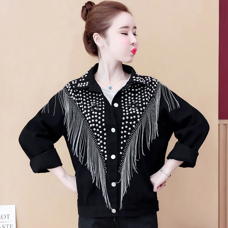 Áo Khoác Nữ Xu Hướng Quần Giả Jean Nữ 2022 Đen Sequin Kim Cương Giả Áo Khoác Mùa Đông Áo Khoác Denim Màu Da Bò Mùa Thu Nhà Thiết Kế Ngọc Trai Đánh