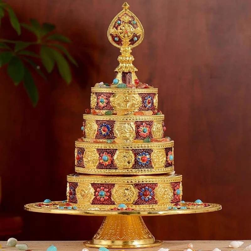 

4-слойная тибетская маза, инкрустированная драгоценными камнями, тантрический сплав, ручная работа, благоприятная тарелка для фруктов, буддийские алтазы, настольные декоративные