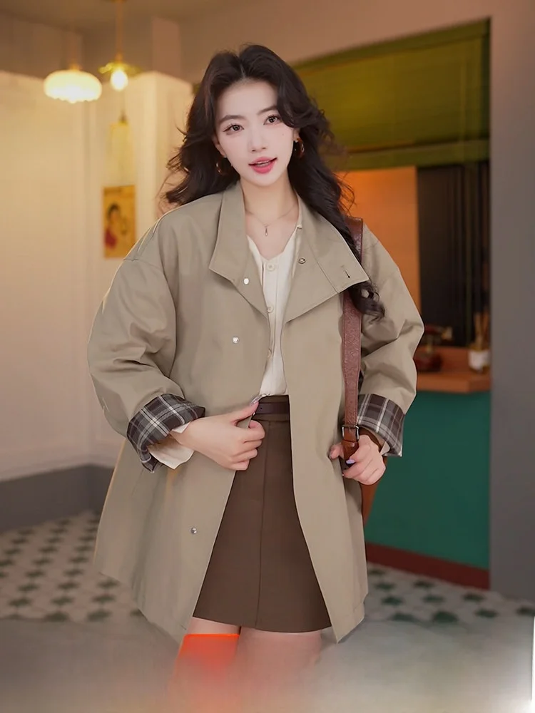 

Chend's Spring Windbreaker Women's Mid-Length Coat Vintage Loose Fit Bell Sve Polyester Nylon Single Button Closure Pure C...