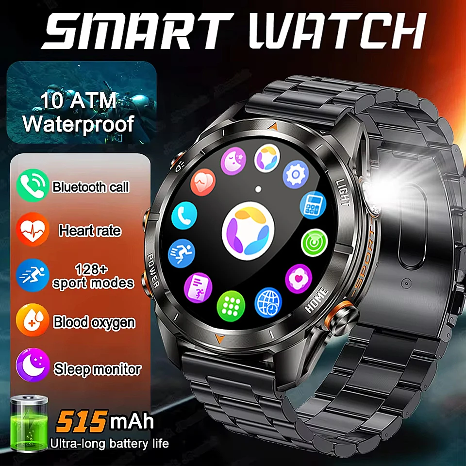 

Военные Смарт-часы для мужчин, водонепроницаемые 3ATM, 1,46-дюймовый AMOLED-экран, аккумулятор 515 мАч, светодиодный фонарик, пульсометр, спортивные смарт-часы с BT-вызовом