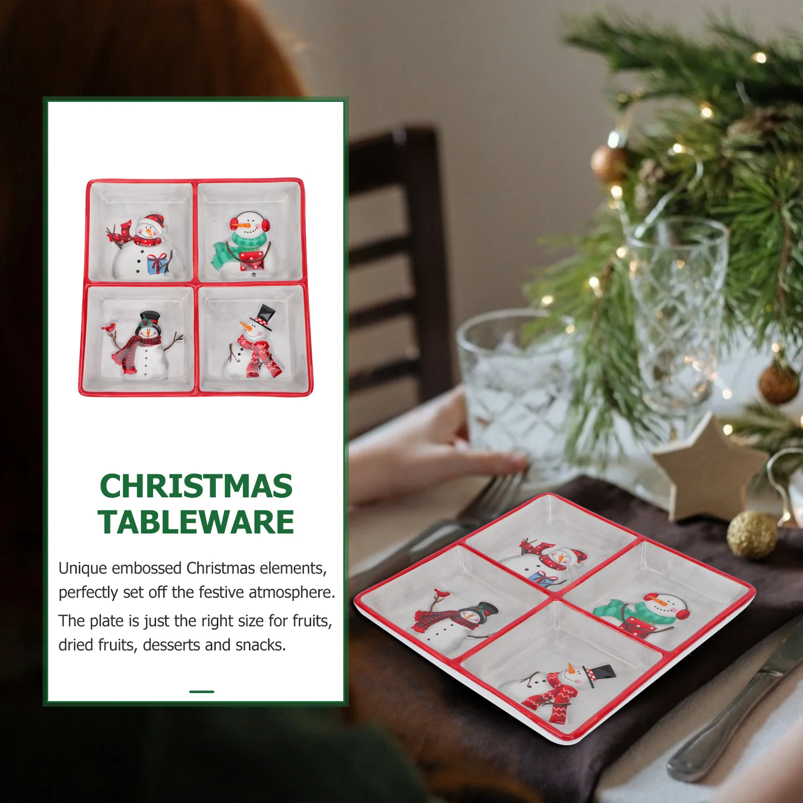 

1Pcs Ceramic Four Compartment Tray Smooth Polished Snack Serving Dish Christmas Fruit Holder Multipurpose Food Storage Plate