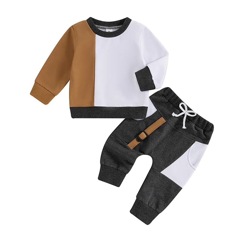 

Toddler Baby Boys 2Pcs Fall Outfits Long Sleeve Contrast Color Sweatshirt Drawstring Pants Set Fall Clothes