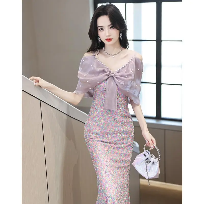 

Luxury Sequins Mermaid Evening Dress Pearls Beading Bow Spaghetti Strap Slim Long Fishtail Dress Formal Banquet Party Gowns