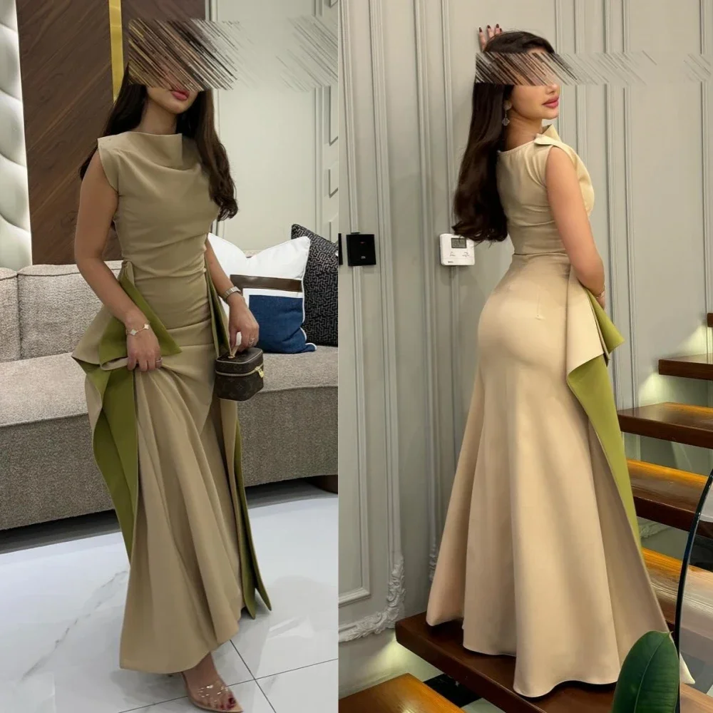 Elegant Straight Prom Dresses High Neckline Jersey Sleeveless Evening Dresses Women Pleat Robe de soirée Saudi Arabia 2025