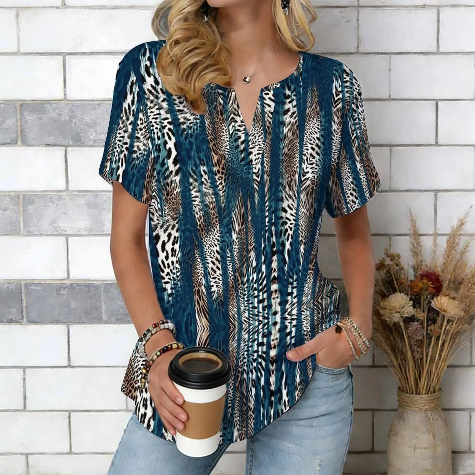 Women Print Notched V Neck Short Sleeve Casual Loose Tunic Tops
