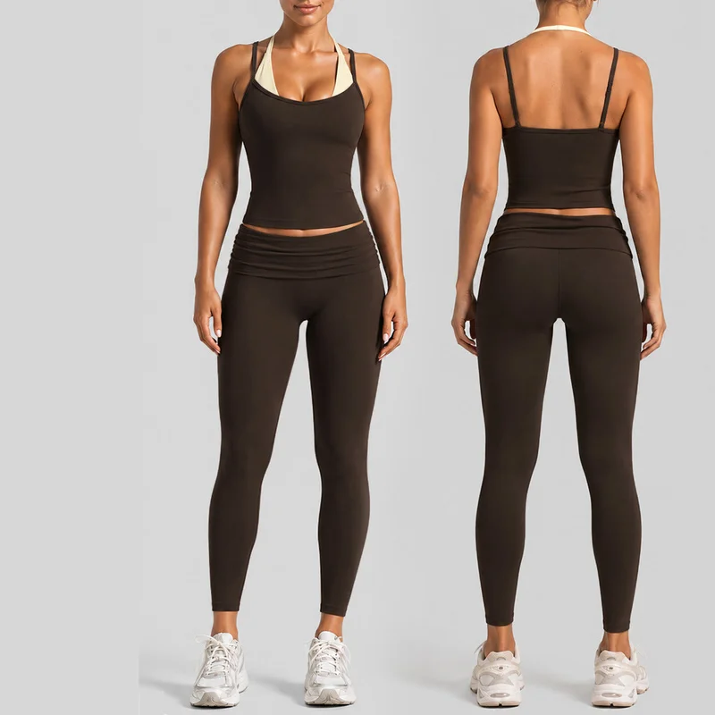Ladies Quick Dry Yoga Outfit Color‑Block Halter 2‑Piece Tank Top Fold‑Over Waist Leggings Slim Fit Workout 2‑Piece Sport Set