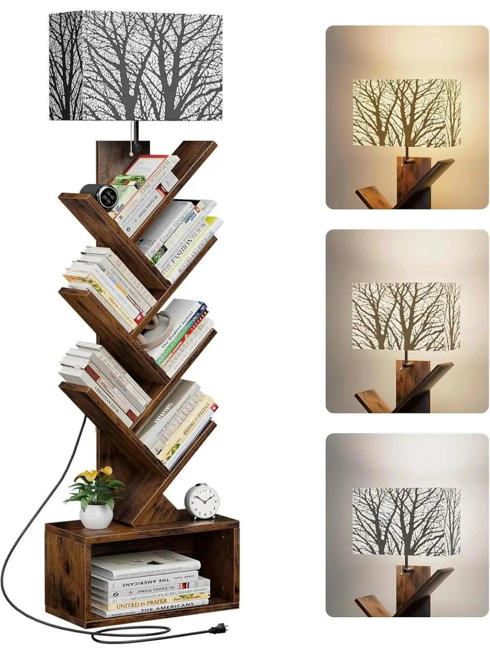 

Tree Bookshelf with Light,6 Tier Small Bookcase, Narrow Floor Standing Book Tower Organizer with Storage Cabinet for Living Room