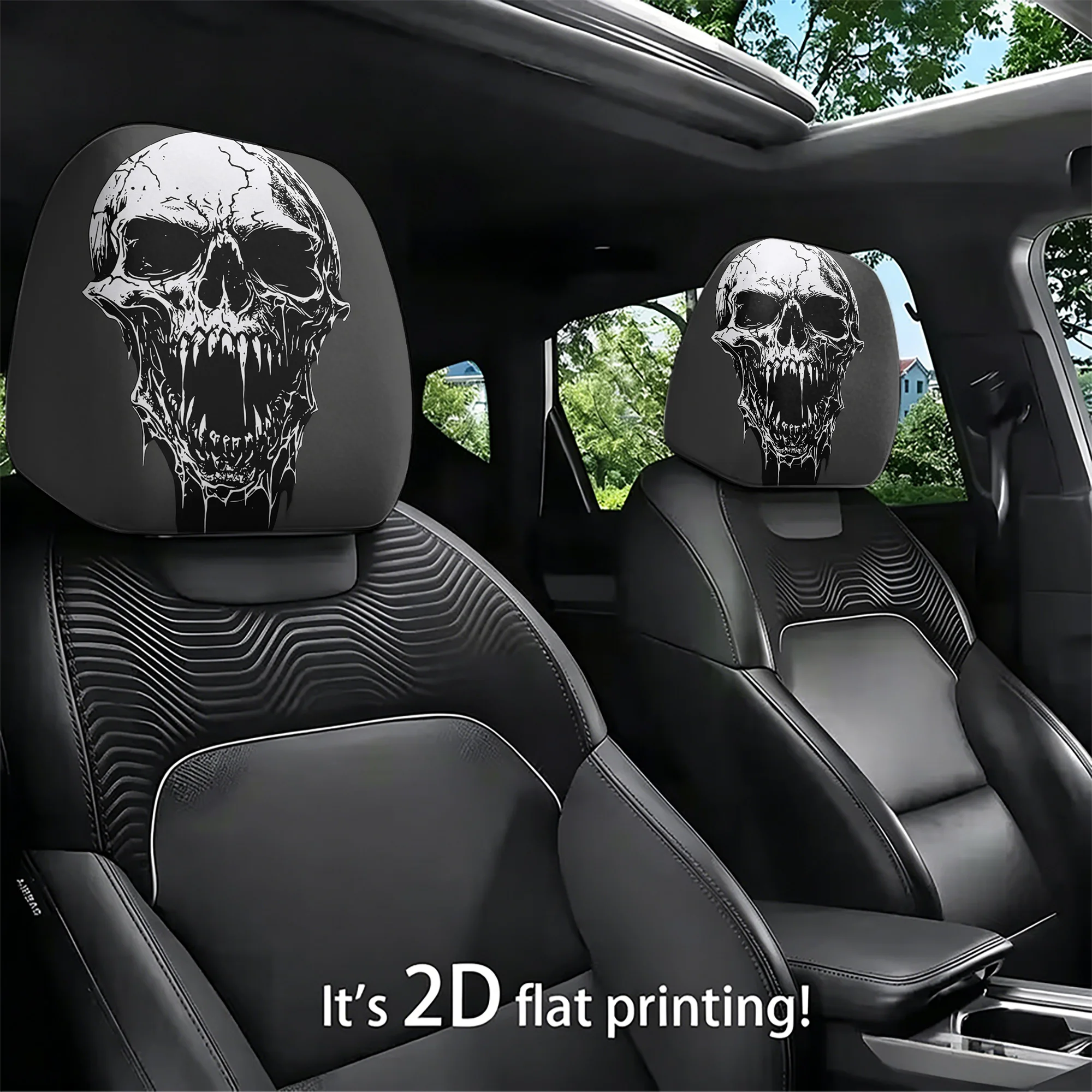 2pcs gothic-style scary skull-patterned car headrest covers to add a bold, avant-garde style to your car’s interior. Does not in