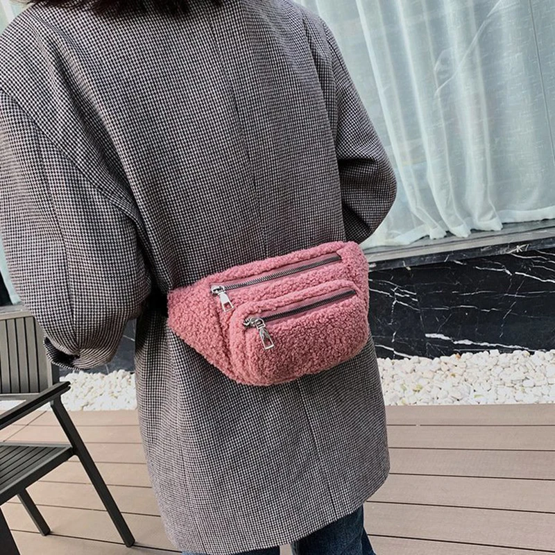 Plush Women\'s Waist Bag Solid Color Belt Bags Shoulder Crossbody Chest Bag Brand Designer Female Fanny Pack Banana Hip Purse