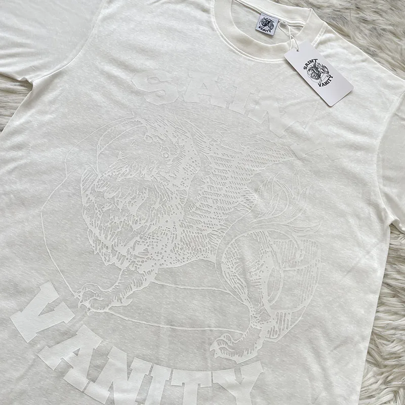 Saint Vanity Semi-Transparent Letter Print Casual Short Sleeve T-Shirt Cotton round Neck Youthful Trend for All Seasons