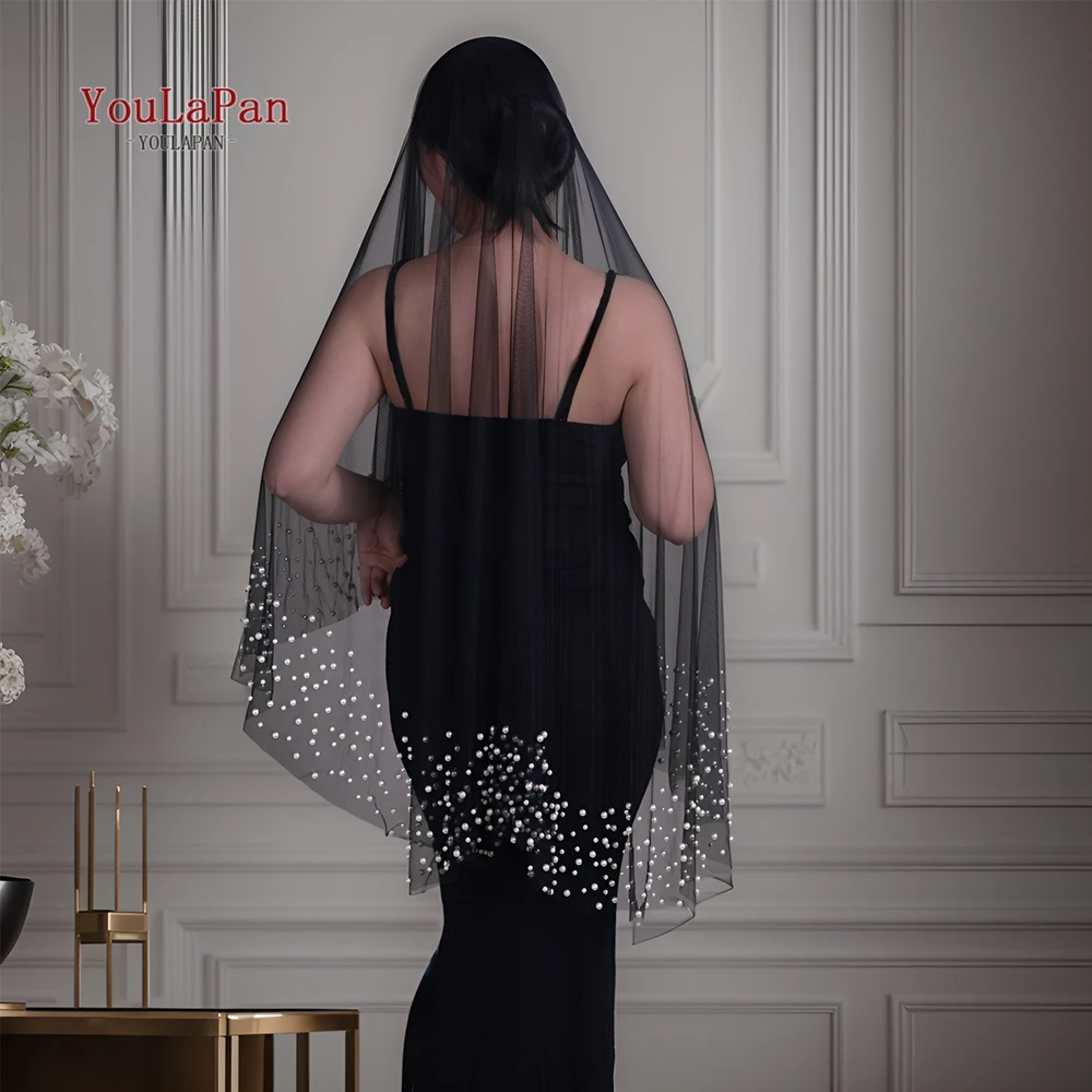 YouLaPan Black Tulle Pearl Bridal Accessory Black Glitter Veil Brides Wedding Vestidos Novias Boda Boda Accesorios Fiesta v228