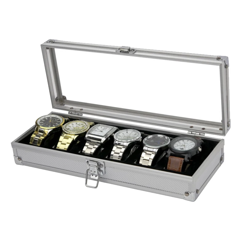 VANSIHO Promotion Silver Color Aluminum Alloy Watch Storage Box With Clock 6/12/24 Slots Collection Gift Boxes