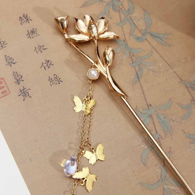 Night Lotus Tassel Hairpin Plate Hair Ornament Hanfu Headwear Palace Style Hairpin Ancient Style Step Shake Flower Pearl Hairpin