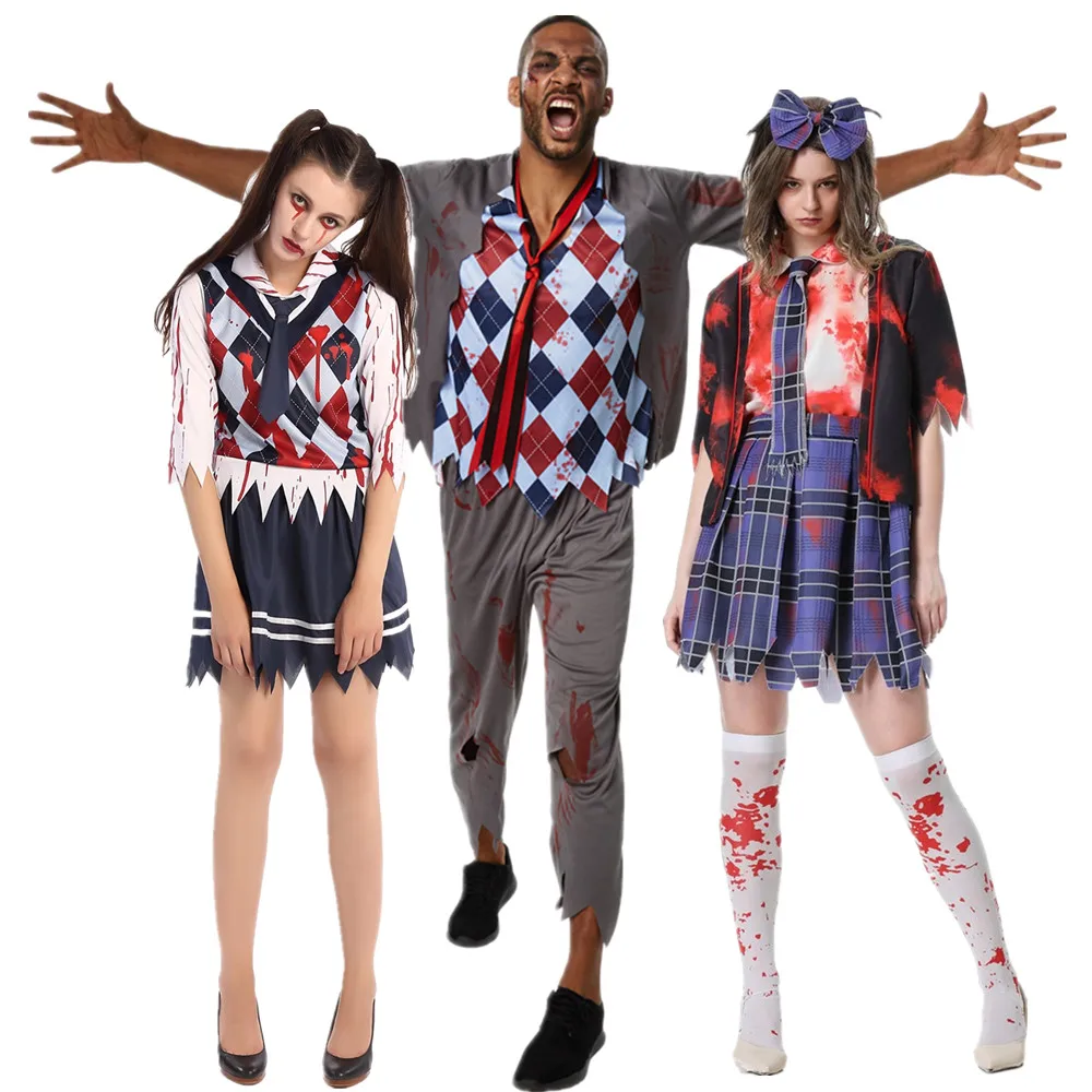 

Halloween Day of the Dead Japan Bloody Plaid JK Vampire Scary Vampire Cosplay Dress Carnival Party Horror Zombie Devil Costume