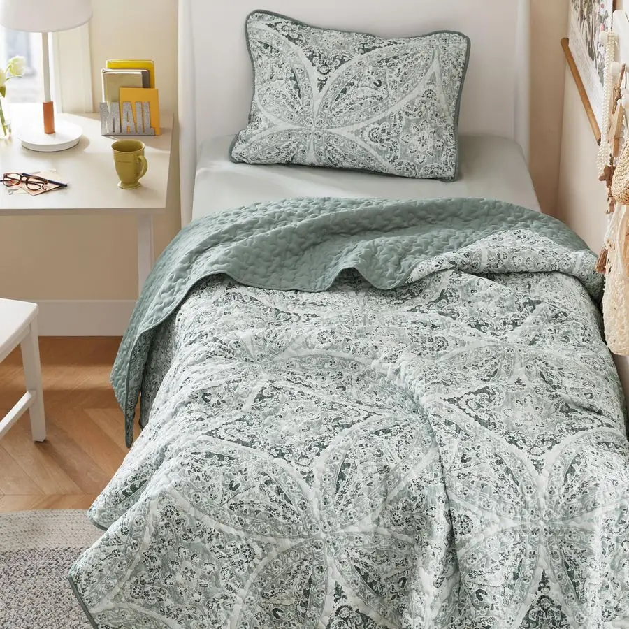 

Boho Quilt Set Twin Reversible Vermicelli Quilting Twin Size Bed, All Season, Lightweight, Coverlet Winter Layer Bedding, Shams,