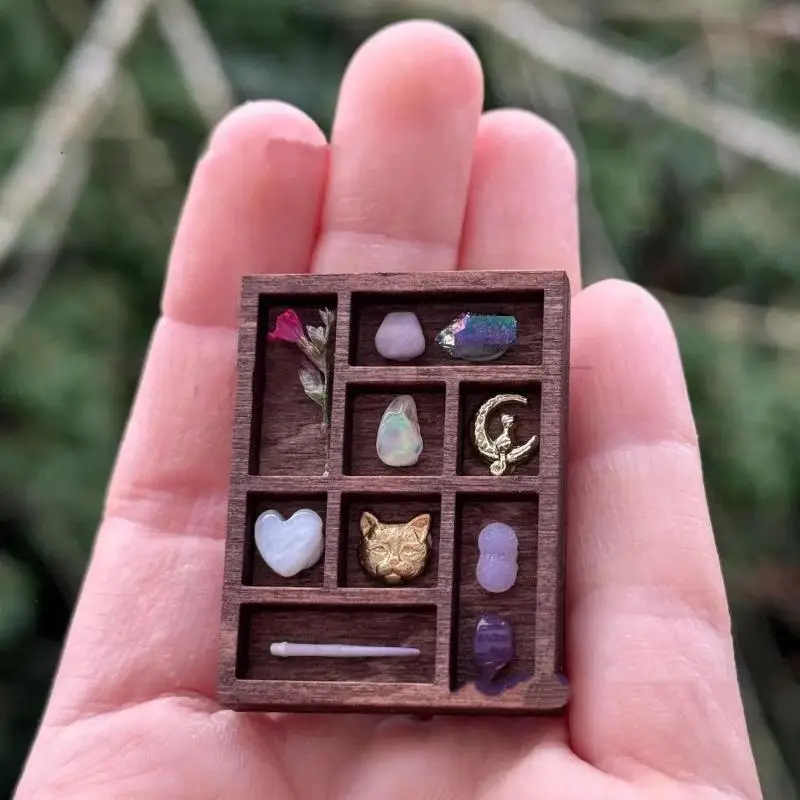 Wooden Mini Jewelry Holder Miniature Crystal Ore Specimen Storage Jewelry Display Tray Multi Compartments Dollhouse Shelf