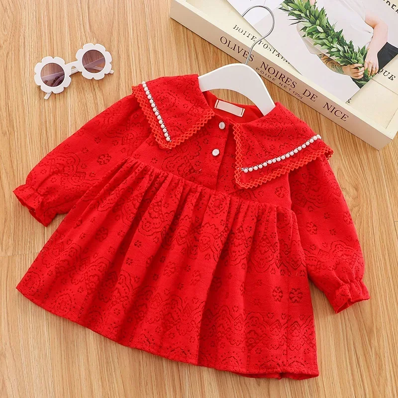 Spring Autumn New Princess Dress For Girls Infant Baby Long Sleeve Solid Pearl Lace Patchwork Tutu Dress Toddler Fall Vestidos