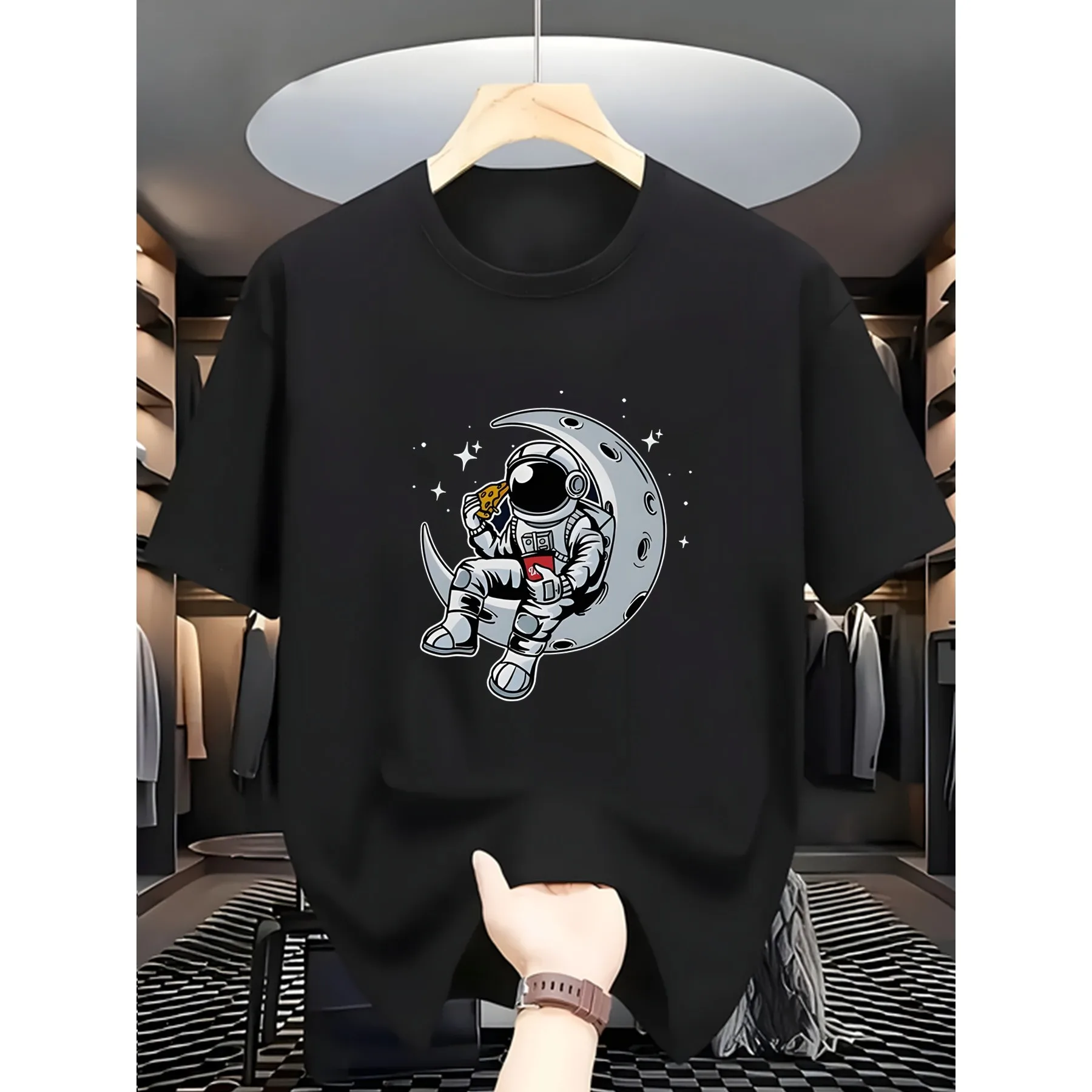 Astronaut Moon Dining Graphic Tee Breathable Soft Cotton Short Sleeve T-Shirt Casual Daily Wear