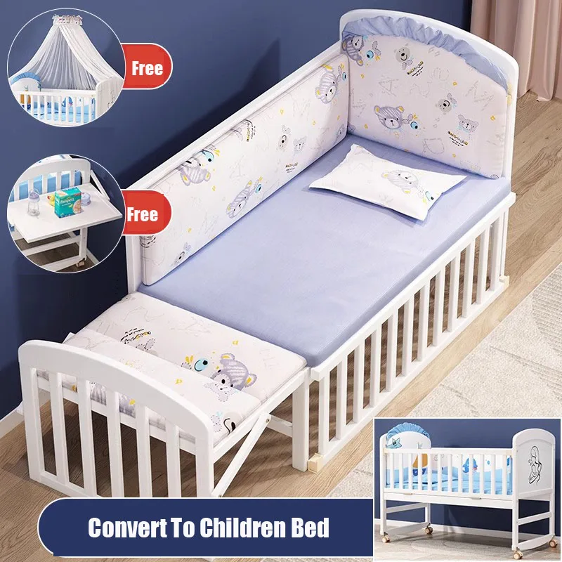 NONE Babybett aus Holz mit Moskitonetz und Windeltisch, umwandelbar in Kinderbett, Bettwäsche-Set, Babybett, Bett, Schaukelmatratze 4