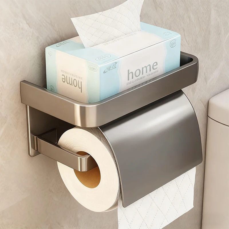 

No-Drill Wall-Mounted Double Layer Toilet Paper Holder Bathroom Tissue Box Dispenser Storage Shelf for Washroom Roll Paper