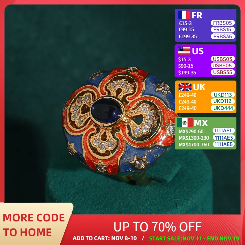 

Vintage Enamel Adjustable Ring 18K Gold Plated Floral Gemstone Women's Luxury Dinner Jewelry