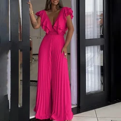 Elegant Women Ruffles Slim Jumpsuit Fashion Summer 2024 High Waist Pleat Pant Overall Female Solid Deep V-Neck Commuting Romper