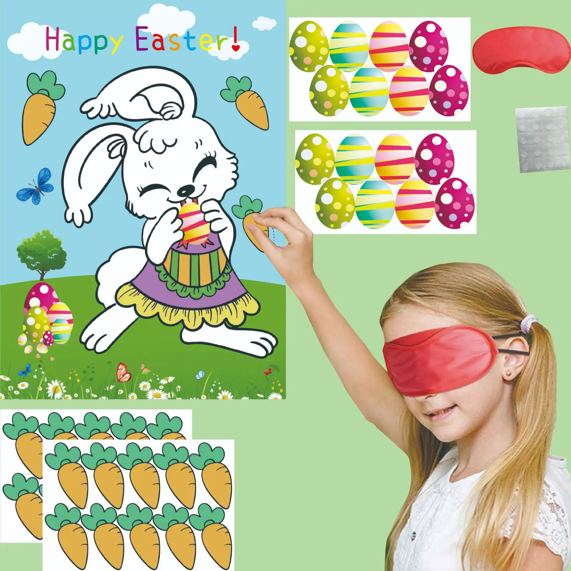 1set Easter Pin The Egg Carrot on The Bunny Game Kids Happy Easter Party Favors Games Rabbit Game with sticker Poster Blindfolds