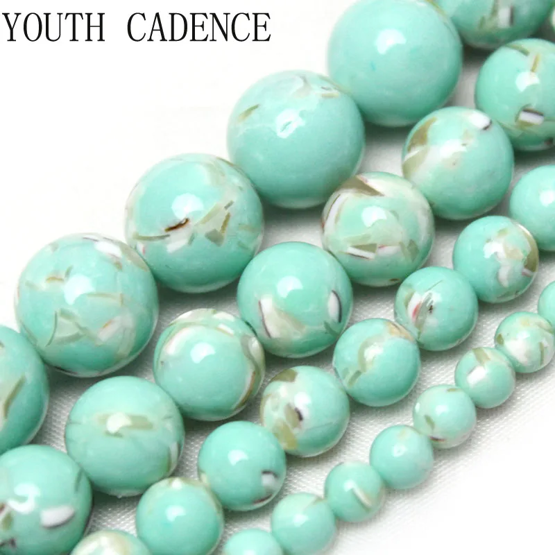 Pierre Turquoises en coquillage vert naturel de deuxième génération, perles rondes en vrac pour la fabrication de bijoux, Bracelet et collier à faire soi-même, 4-12mm, 15 pouces