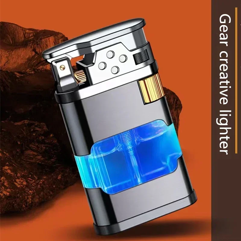 Metal Transparent Windproof Butane Gas Torch Lighter Classic Grinding Wheel Ignition Turbo Jet Blue Flame Cigar Lighters Gadgets - view 3