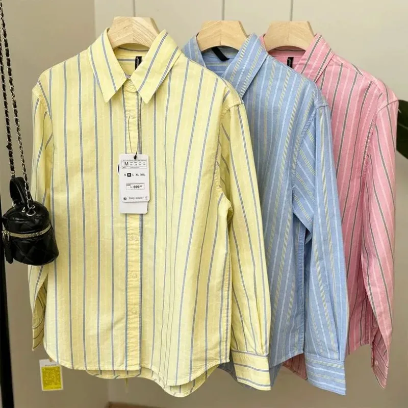 

Женская рубашка с вертикальными полосками на пуговицах, оверсайз, из хлопкового оксфорда, с отложным воротником, нейтральный топ для многослойных образов