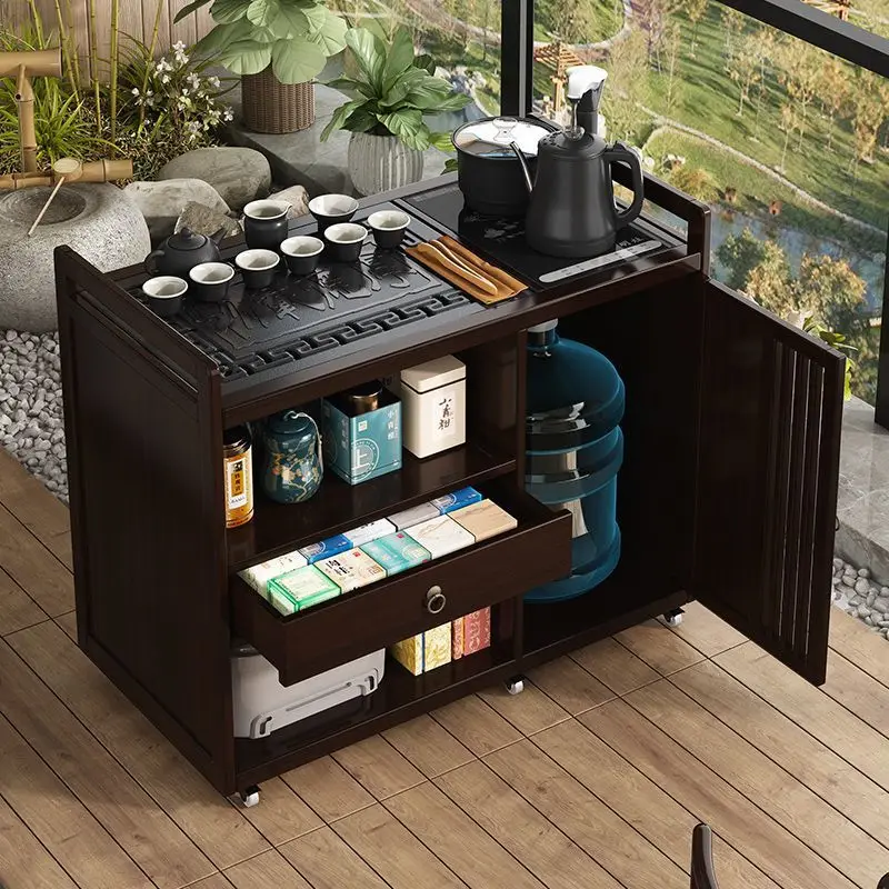Balcony mobile table table small household solid wood tea cart coffee table kettle with wheels integrated tea set